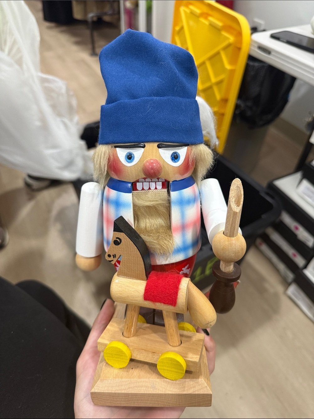 Blue-Hat Wooden Nutcracker Toy with Pull-Along Horse